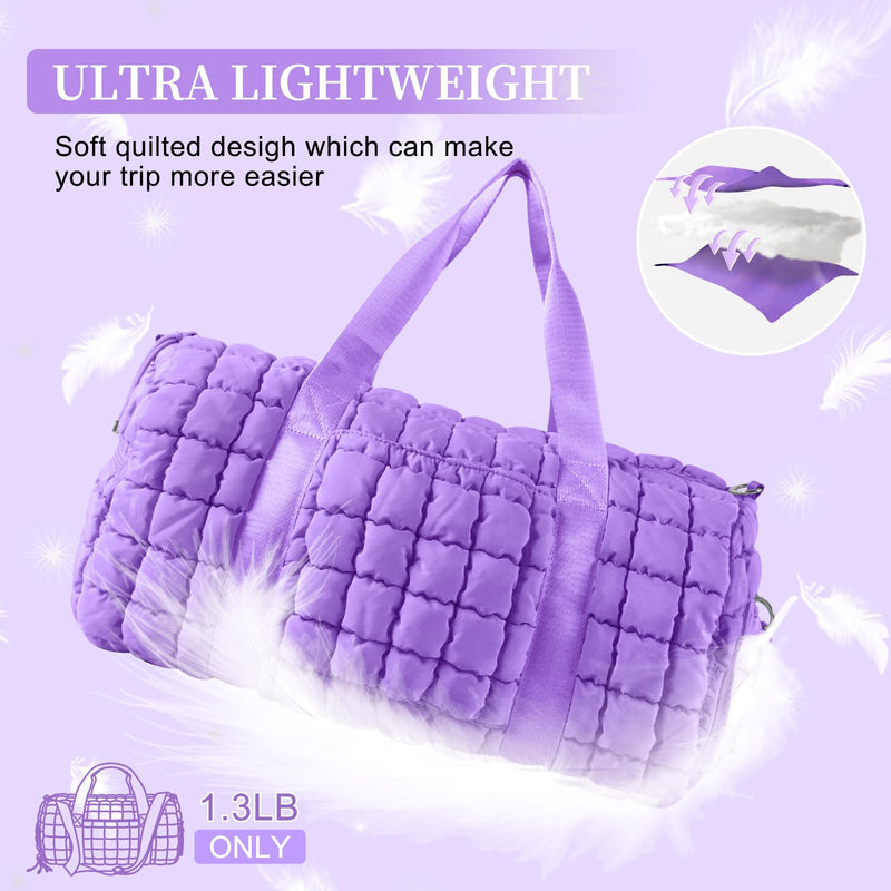 Quilted Travel Duffle Bag Gym Bag for Women,Large Puffer Duffle Weekender Bag with Compartment,Workout Overnight Carry on Organizer Bag Duffle Bag for Airplane Travel(Purple) Purple Medium