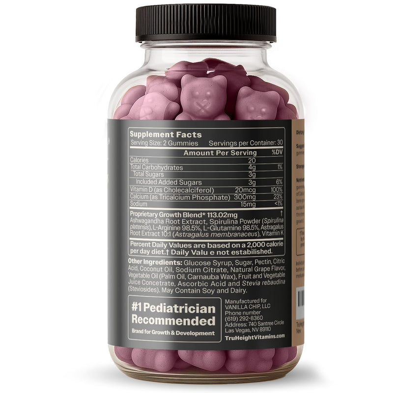 TruHeight Growth Gummies (Grape) Tall Nutrition for Natural Growth Supplement for Kids & Teens - Vitamin D, K, Calcium & Ashwagandha, Bone Strength Vitamins D3 K2, Picky Eater, Taller Ages 5+ 60 Count (Pack of 1) Grape
