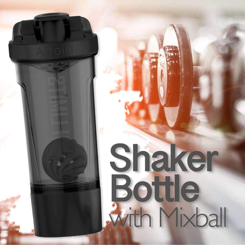 [Australia] - Artoid Mode Motivational Sports Mixer 720ml Shaker for Egg White/Protein, with Strainer Spiral Ball 200ml Storage Box & Handle, Drinking Bottle for Gym Fitness Powder Nutritional Supplements BPA Free Black/Grey 