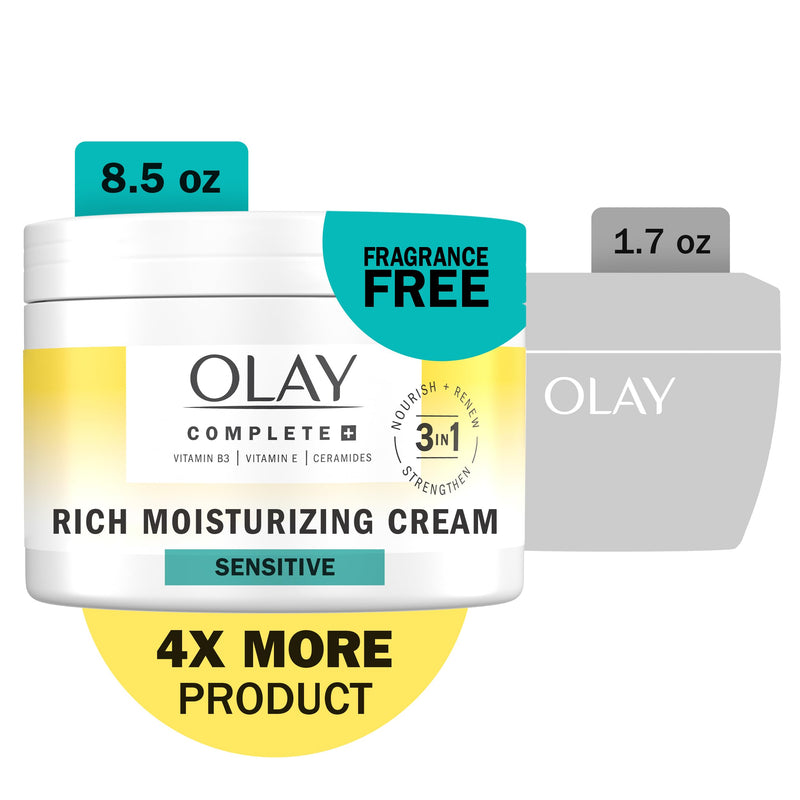 Olay Face Moisturizer, Complete+ Rich Moisturizing Cream - Fragrance-Free, Gentle for Dry & Sensitive Skin, 3-in-1 Hydrating to Strengthen, Nourish, Renew - Niacinamide, Vitamin E, & Ceramides, 8.5 oz 8.5 Fl Oz (Pack of 1)