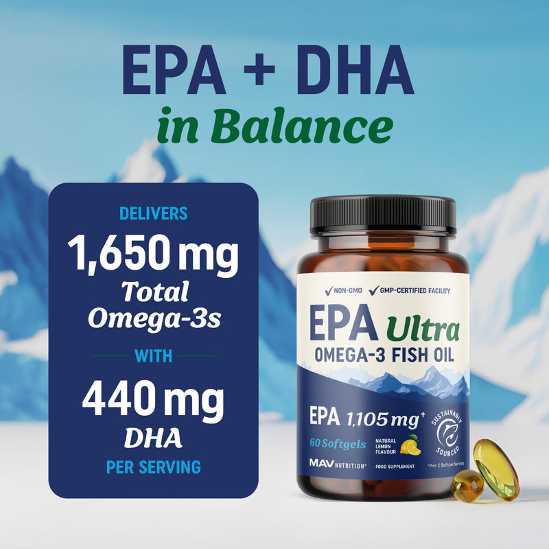EPA Ultra 1,105MG | Heart Health & Cellular Function Support | Omega 3 Fish Oil | 1,650MG Total Omega-3 Fatty Acids | High Strength EPA Supplement | Sustainably Sourced & Gluten-Free | 60 Ct.