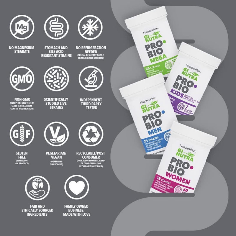 NaturesPlus GI NUTRA Pro Bio Kids Chewable Tablets - 7 Billion Probiotics with 16 Live Strains, L Acidophilus, B. Longum and Prebiotics Fibre Complex - Vegan, Gluten Free, Berry Flavour - 30 Tablets