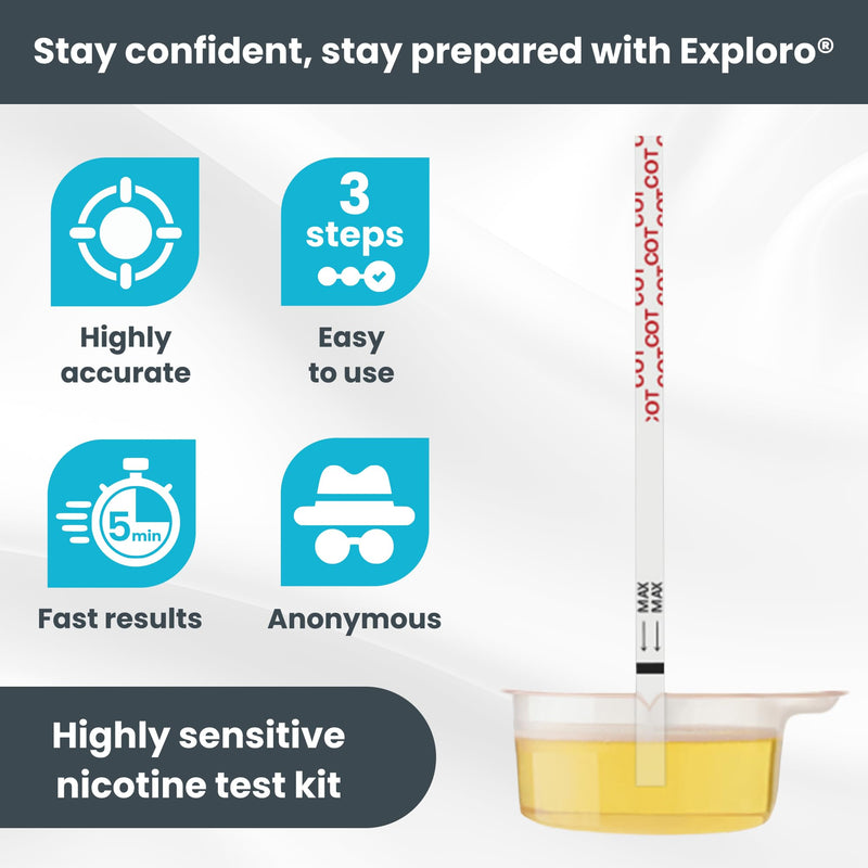 Exploro Nicotine Testing Kit at Home, Cotinine Urine Test, Highly Sensitive Nicotine Test Strips for Urine, Nicotine Test, Accurate Nicotene Test & Vape Test for Cut-Off Level 200 ng/ml (Pack of 25) 25 Count (Pack of 1)