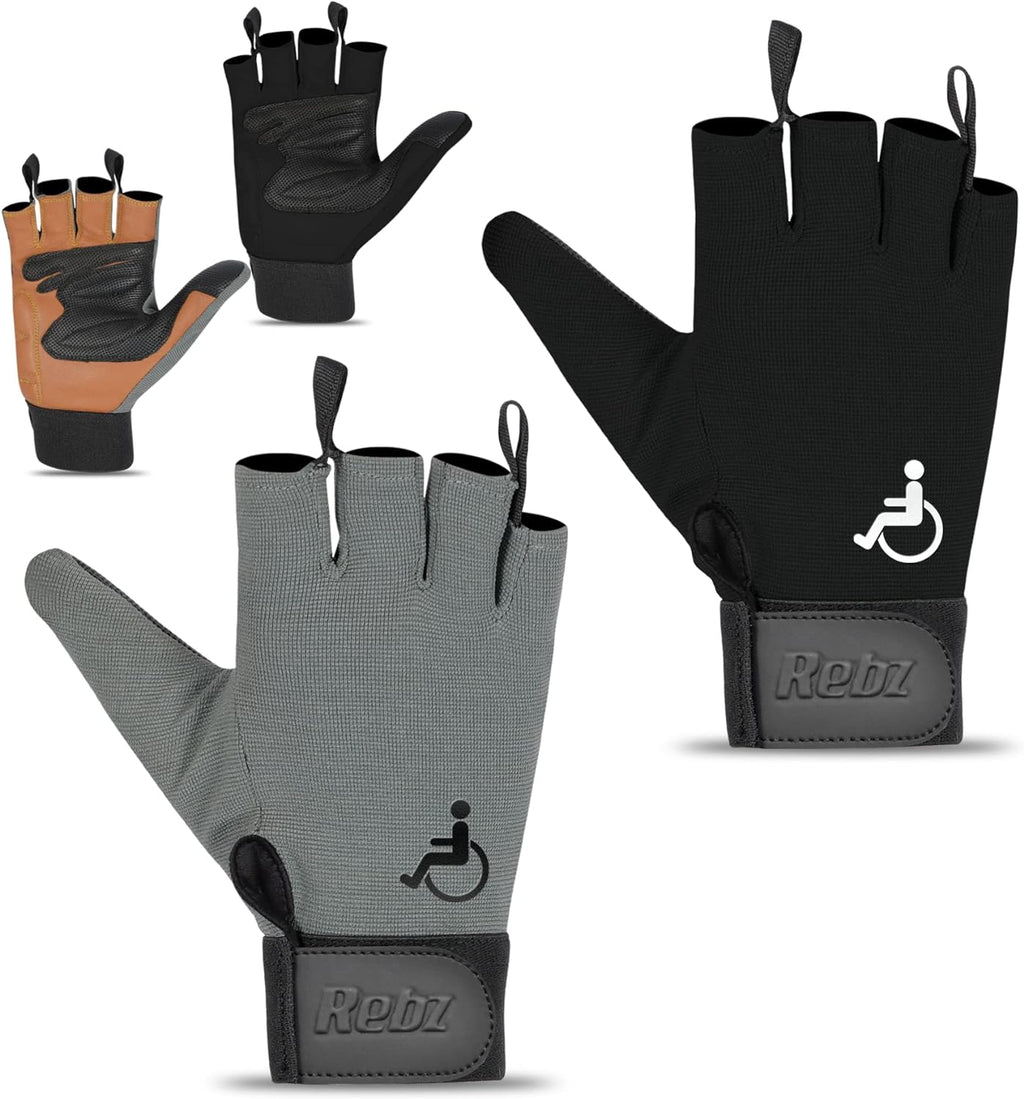 Rebo Wheelchair Gloves Mobility Fingerless Long Thumb Leather Palm Gloves Black Small