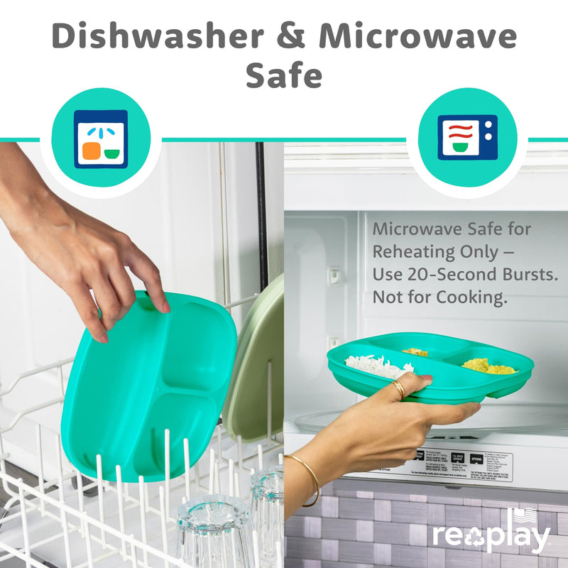 [Australia] - Re-Play Toddler Plates with Dividers - Deep-Walled 3 Compartments Divided Plates for Kids - Dishwasher & Microwave Safe - Made in USA - Set of 3-7.37" x 7.37" x 1.25" - A True Blue Without Lid 