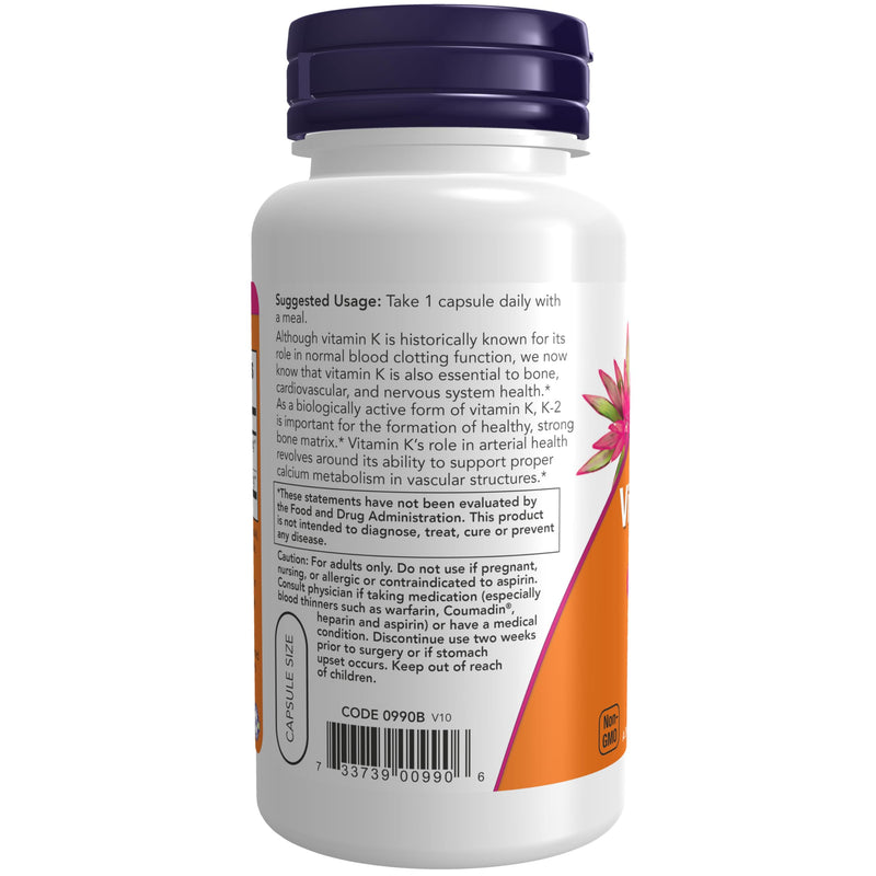 NOW Foods Supplements, Vitamin K-2 100 mcg, Menaquinone-4 (MK-4), Supports Bone Health*, 100 Veg Capsules Unflavored 100 Count (Pack of 1)