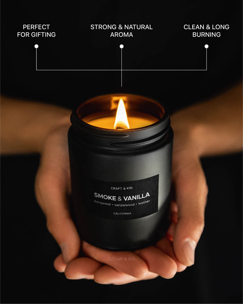 [Australia] - Craft & Kin Smoke & Vanilla Candle | Scented Candles for Men | Masculine Candle | Soy Candle | Scented Candle for Home Scented | Black Candles | Long Lasting Candles with 45 Hour Burn Time 7.6oz Black Jar - 7.6oz 