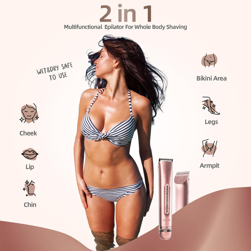 [Australia] - 2 in 1 Women Electric Shaver, Bikini Trimmer for Women Dual Head Wet & Dry Use IPX7 Waterproof, Body Hair Trimmer and Facial Hair Remover for Bikini Underarm Leg Arm Body Face (Rose Gold) Rose Gold 