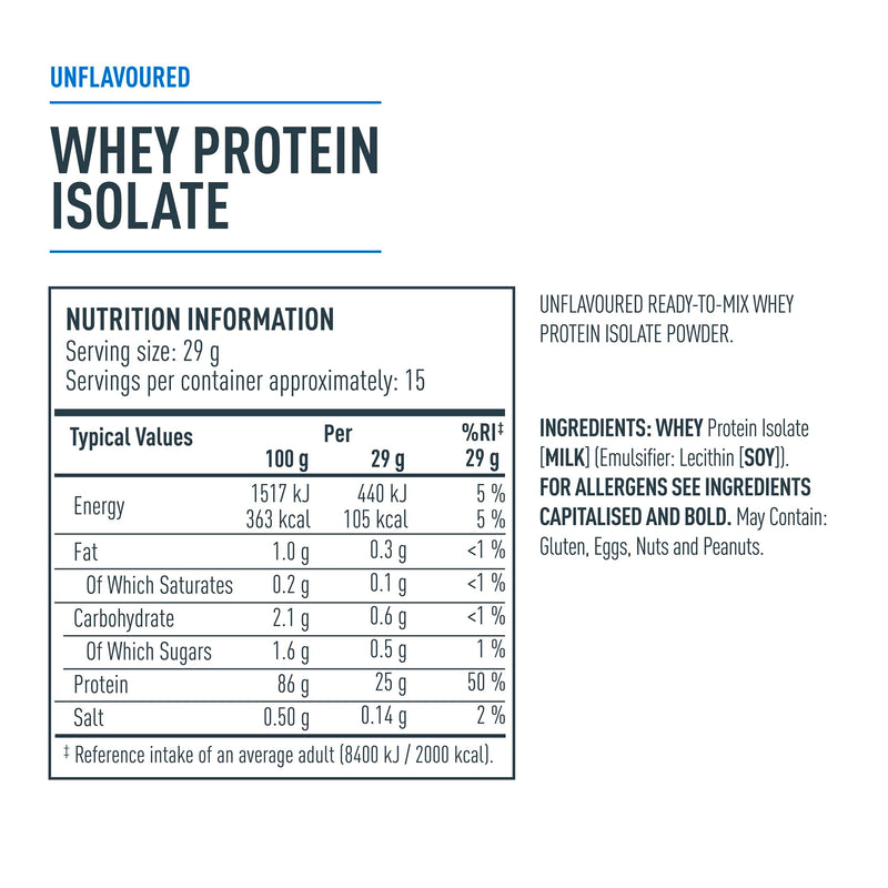 Isopure Unflavoured Whey Protein Isolate Powder, High in Protein with 25 g per Serve, Low in Sugar, No Artificial Flavours or Sweeteners, Made with Only 2 Ingredients, 435 g