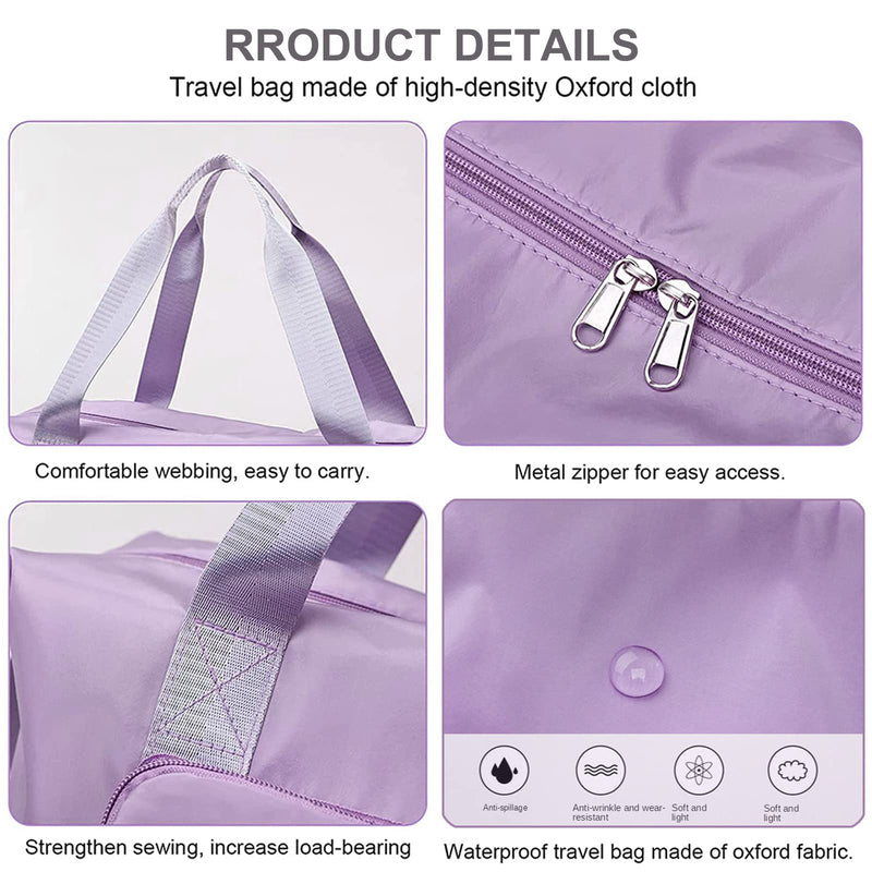 Large Capacity Travel Bag, Foldable Travel Bag, Expandable Duffel Bag, Collapsible Waterproof Large Capacity Handbag, Overnight Bags for Women and Man(Light Purple+Toiletry Bag) Light Purple+Toiletry Bag