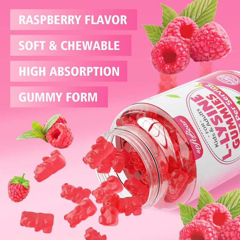 [Australia] - softbear L-Lysine Gummies for Adults & Kids, L Lysine 1000mg Chewable Lysine Supplement for Lips & Oral Health, Immune & Collagen Support, Vegan, Non GMO, Gluten-Free, Raspberry Flavor 60 Count 60 Count (Pack of 1) 