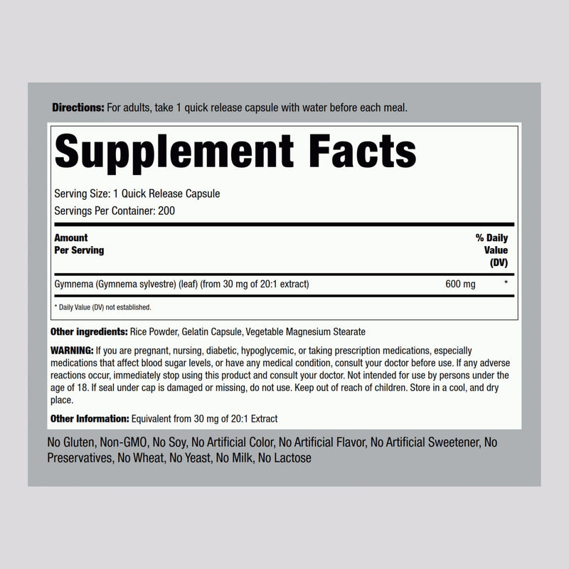 [Australia] - Piping Rock Gymnema Sylvestre Supplements 600 mg | 200 Capsules | Concentrated Herbal Extract | Non-GMO and Gluten Free 