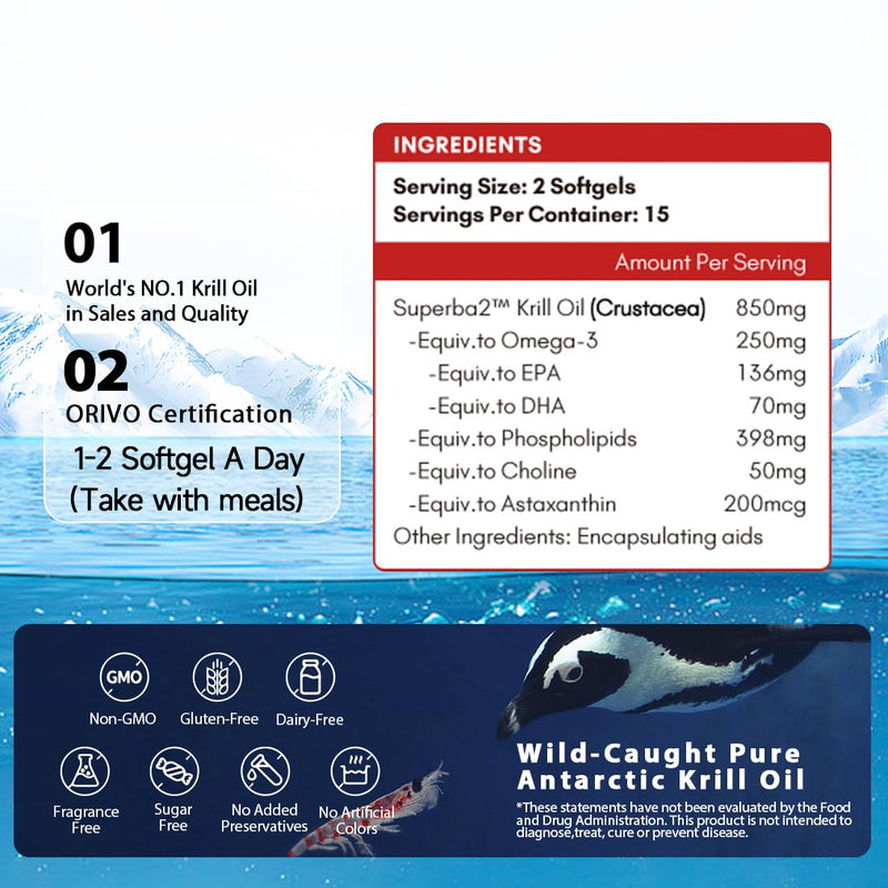 NYO3 Pure Antarctic Krill Oil Omega 3 Supplement Beyond Fish Oil with Choline & Antioxidant Astaxanthin for Heart Brain, GMP, Third Party Tested, No Fishy Burps - 425mg 30 Softgels 30 count (Pack of 1)