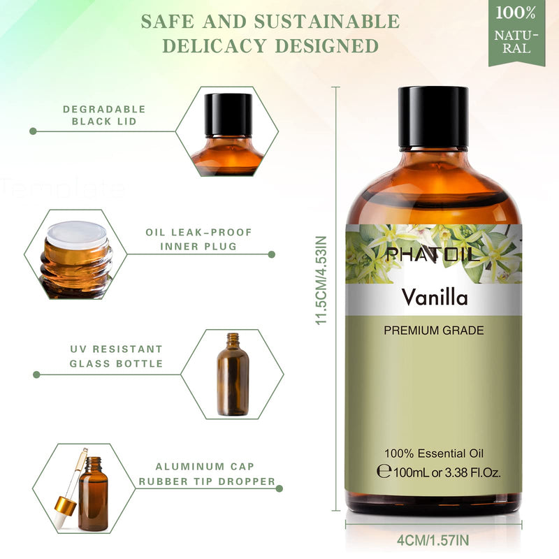 [Australia] - 100ML Vanilla Essential Oil, Huge 3.38fl.oz Bottle Vanilla Oil, Pure Aromatherapy Essential Oils for Diffuser, Humidifier, Scented Oils for Soap, Candle Making 3.38 Fl Oz (Pack of 1) 