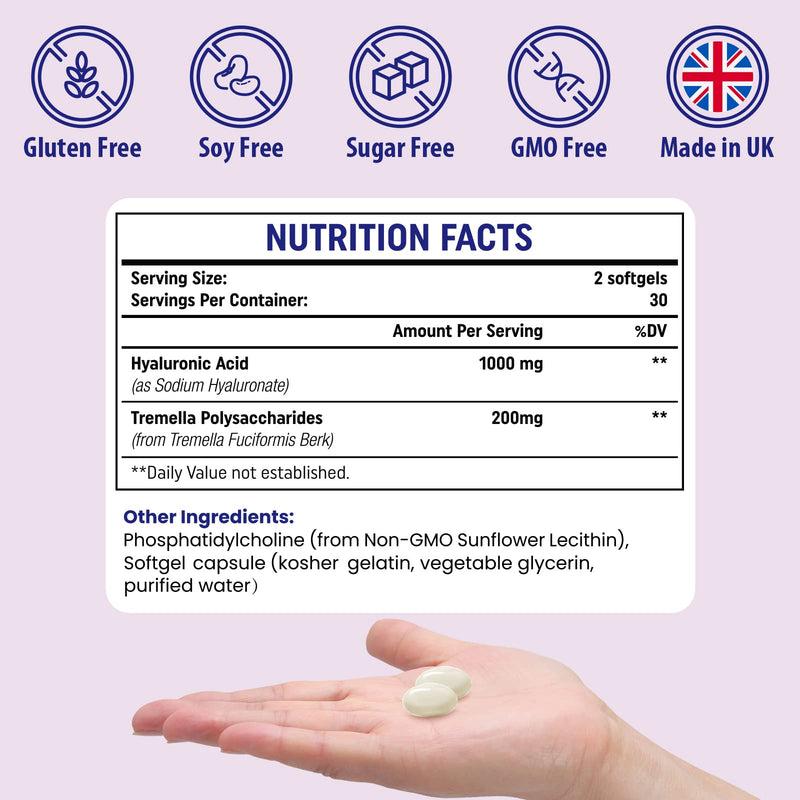 [Australia] - Liposomal Hyaluronic Acid Supplements 1000mg-High Bioavailable Dietary Hyaluronic Acid Capsules with Tremella Polysaccharides,Double Strength Skin Hydration,Joint Lubrication,1Pack 60 Count (Pack of 1) 