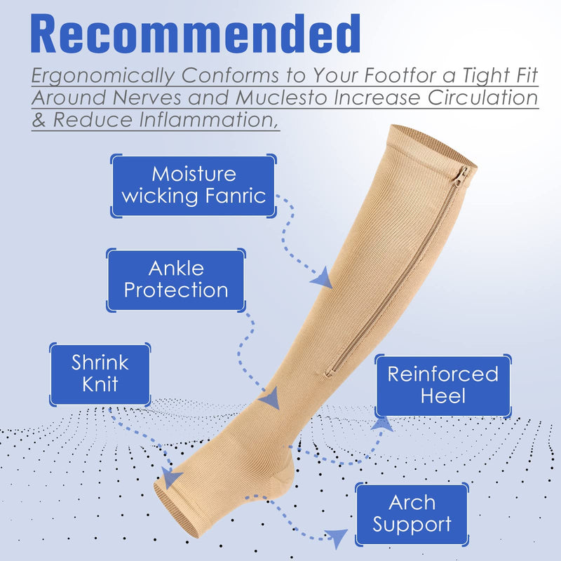 [Australia] - bropite Compression Socks with Zip, 2 Pairs, Calf Height, Open Toe, Compression Socks L-XL B- NUDE 