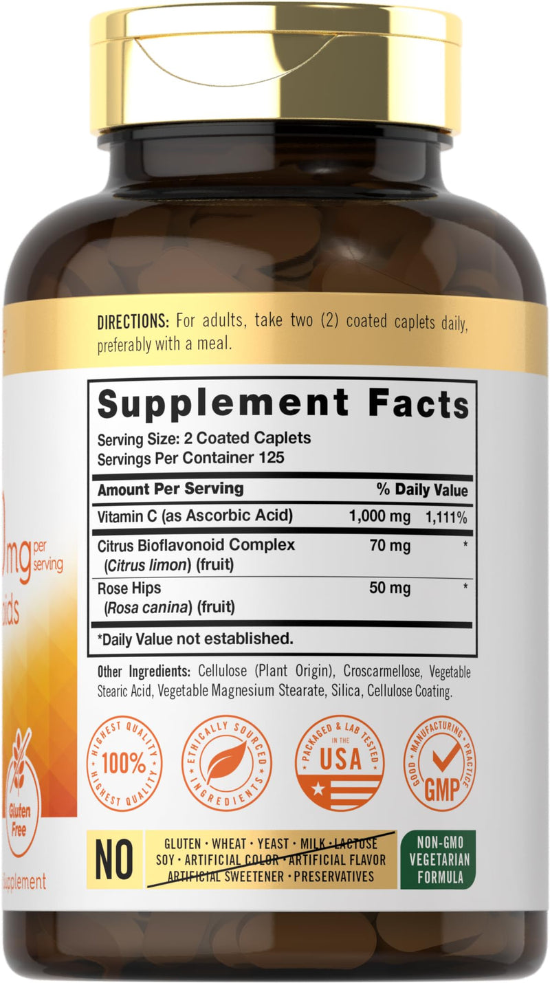 Carlyle Vitamin C 1000mg | with Rose Hips and Citrus Bioflavonoids | 250 Caplets | Vegetarian, Non-GMO, Gluten Free Supplement
