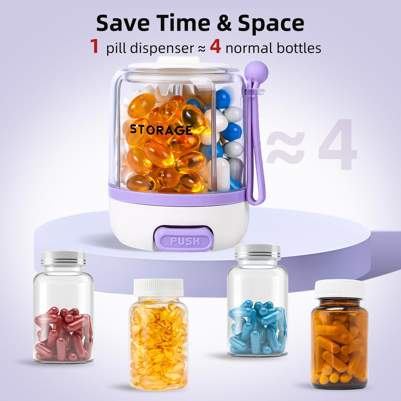 4 Compartments Pill Bottle Organizer, Anti-Mix Travel Pill Dispenser with Safety Lock, Pill Case with 16pcs Labels, Cute Pill Organizer for Seniors, Caregivers & Daily Vitamin Management(Purple) Purple