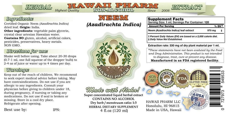 [Australia] - HawaiiPharm Neem Alcohol-Free Liquid Extract, Organic Neem (Azadirachta Indica) Dried Leaf Glycerite 2 oz 2 Fl Oz (Pack of 1) 