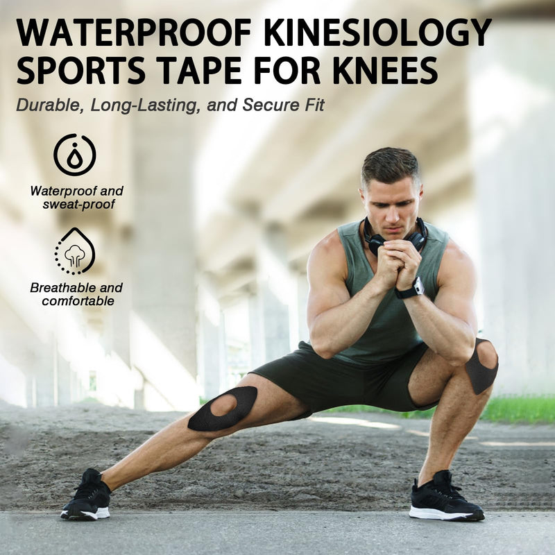 [Australia] - Kinesiology Tape for Knees, 10 Pcs Precut Kinesiology Tape for Knee Pain Relief & Support, Waterproof & Elastic Athletic Tape for Knee Stability, Breathable & Comfortable Knee Tape, Patent Pending Black 