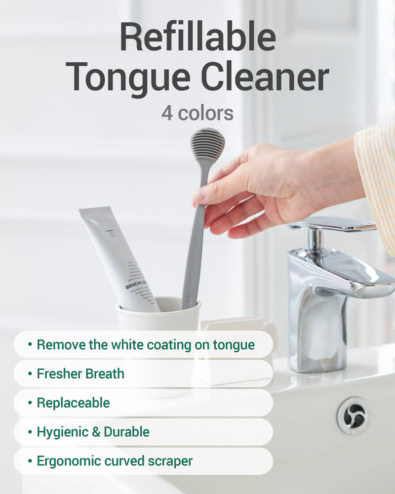 [Australia] - DEARCUS Korean Tongue Scraper with 3 Replaceable Heads - 100% BPA Free TPE Tongue Cleaner - Reduce Bad Breath & Without Hurt - Hygienic Scraper - Modern & Simple Design (White) White 