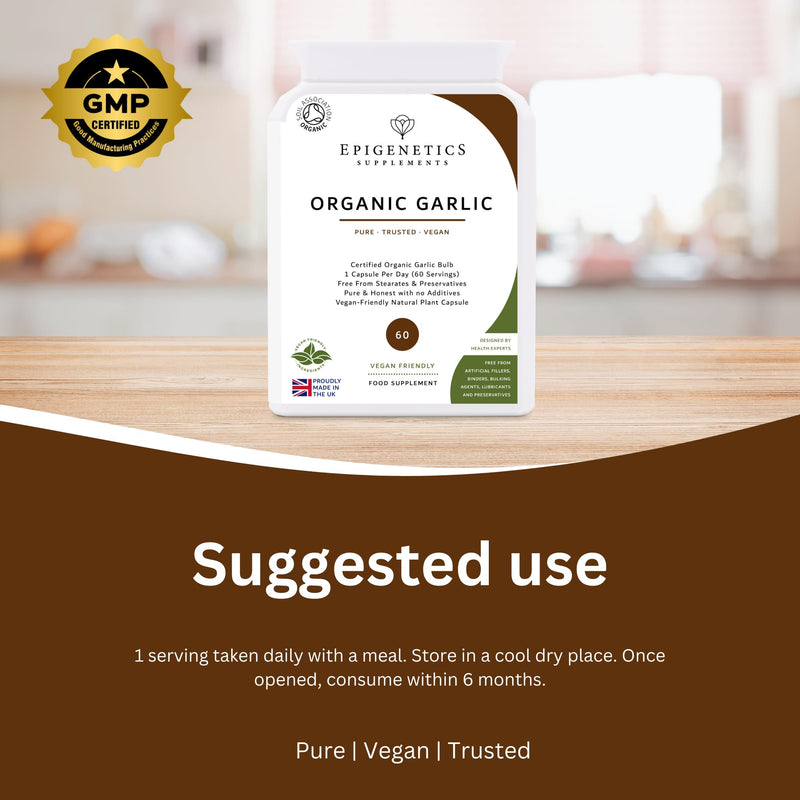Organic Garlic 450mg | Natural Allium Sativum Herb Supplement | 60 Vegan Friendly Capsules UK Made | Long 2 Month Supply by Epigenetics Supplements 60 count (Pack of 1)
