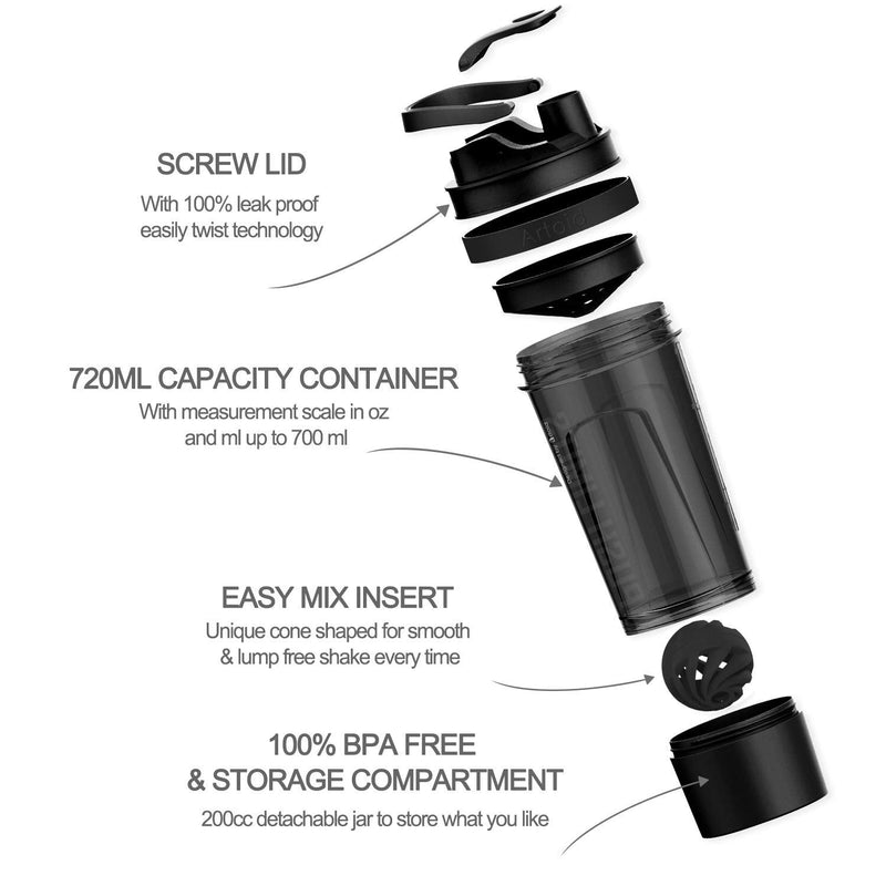 [Australia] - Artoid Mode Motivational Sports Mixer 720ml Shaker for Egg White/Protein, with Strainer Spiral Ball 200ml Storage Box & Handle, Drinking Bottle for Gym Fitness Powder Nutritional Supplements BPA Free Black/Grey 