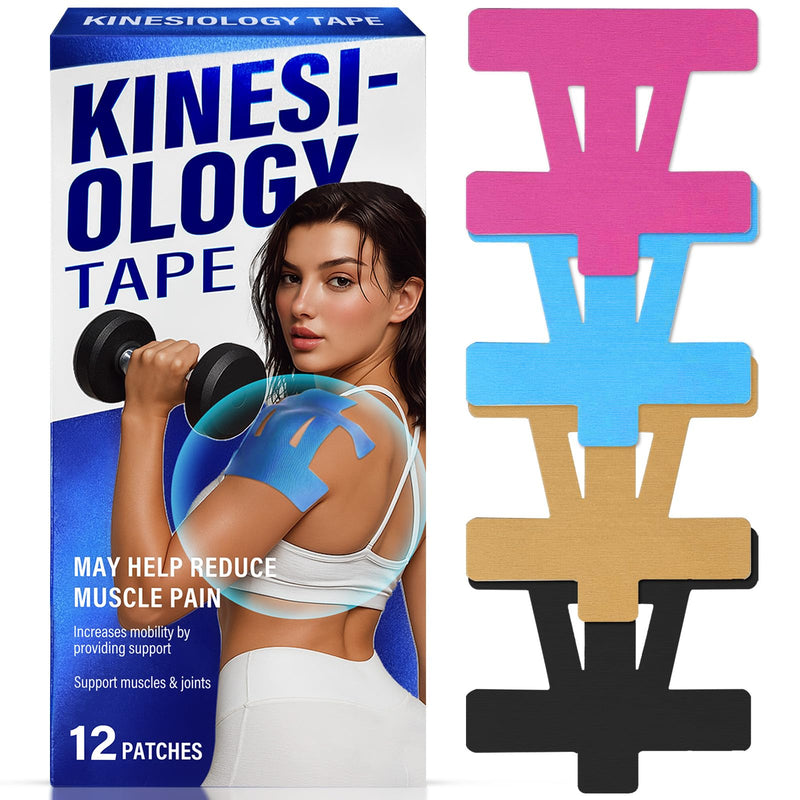 12 PCS Kinesiology Tape for Shoulder,Shoulder Pain Relief Tape, Original Cotton Knee Pain Relief Tape, Flexible and Durable Athletic Tape for Pain Support and Muscle Movement 12 PCS