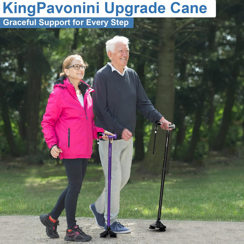 [Australia] - KingPavonini Walking Cane for Men Women Stability, Free Standing Foldable Cane, Ergonomic Handle Pivoting Quad Base, Heavy Duty 350 LBs, Adjustable Walking Canes for Seniors Balance with Travel Bag Black 