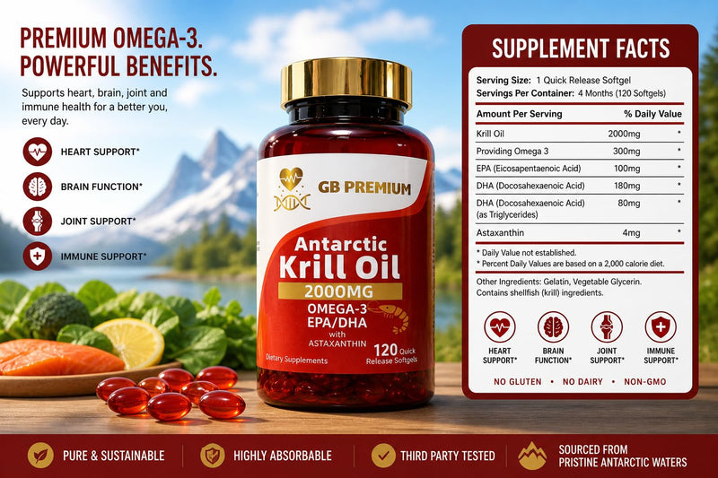 Antarctic Krill Oil 2000mg, Omega-3 EPA & DHA with Astaxanthin and Phospholipids, High Strength Krill Oil Supplement, 120 Softgels