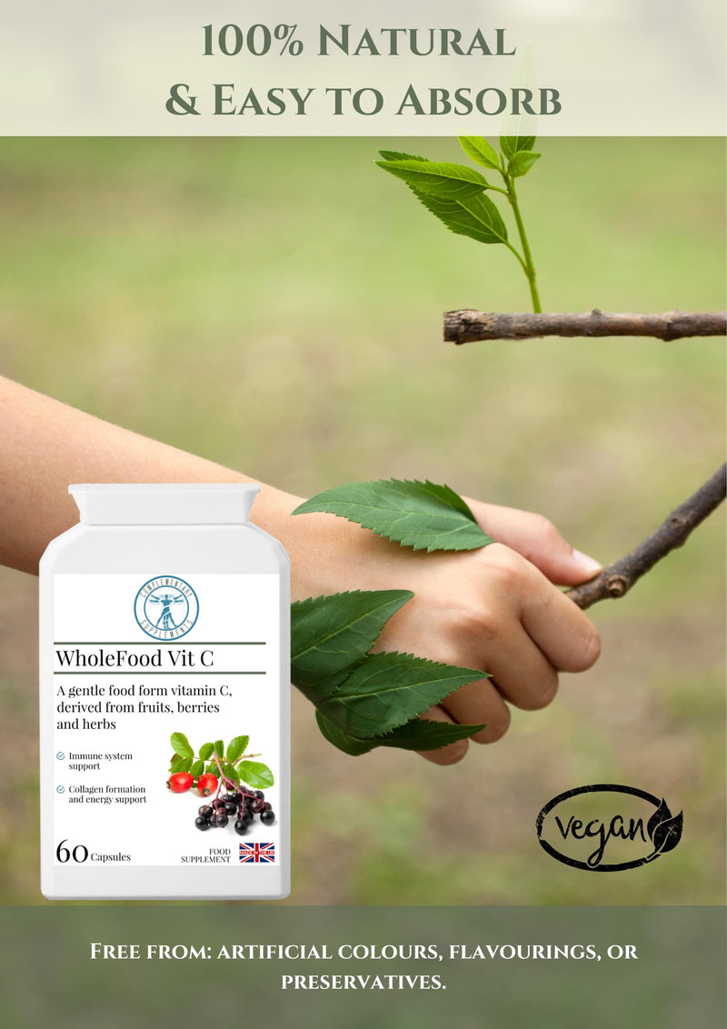 WholeFood VIT C - 100% Natural - NO Ascorbic Acid - HIGH Bioavailability - Acerola Cherry, Rosehip, Blackcurrant, Parsley Leaf, Elderberry - 60 Capsules