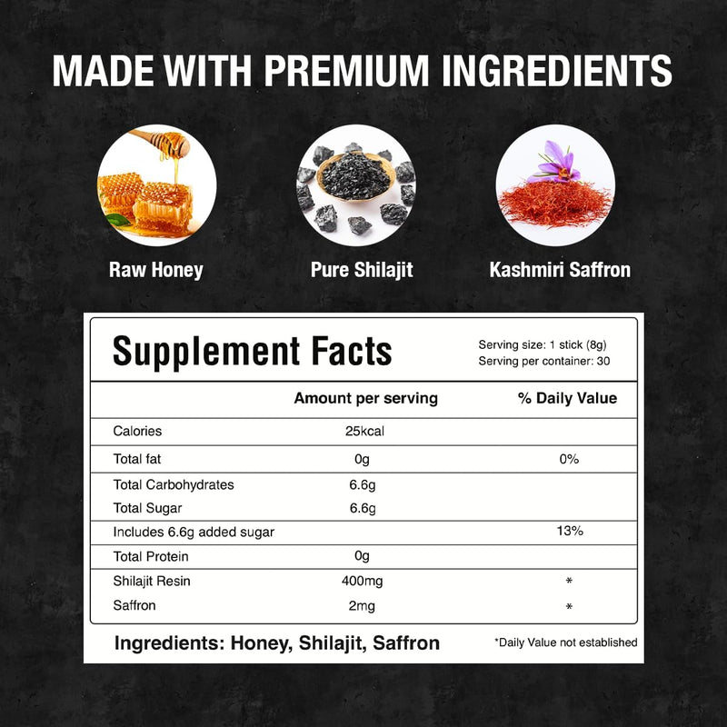 [Australia] - Pure Himalayan Shilajit Honey Sticks with Saffron ‚Äì 30 Count | 75%+ Fulvic Acid, 85+ Trace Minerals | Natural Energy & Immunity Booster | Easy Single-Use Packets Shilajit honey : 30 sticks 