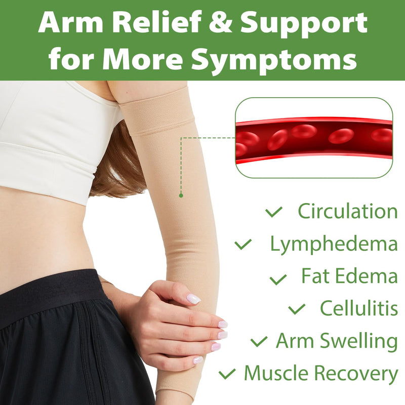 [Australia] - Compression Lymphedema Arm Sleeves for Women, 20-30 mmHg Full Arm Support for Swelling Recovery Circulation Beige Large 