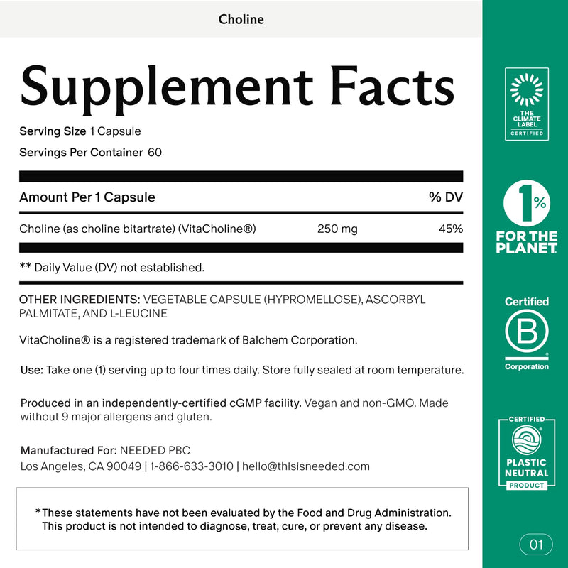 [Australia] - Needed. Prenatal Choline for Cognitive Development - Choline Supplement Aids Baby Brain Development - Supports Healthy Pregnancy & Metabolism - Third Party Tested - 60 Capsules Powder Capsules 60 Count (Pack of 1) 