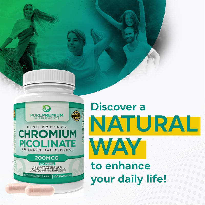 [Australia] - PurePremium Chromium Picolinate 200mcg - High Potency Chromium Supplements - Essential Mineral Health Support for Men & Women - Gluten-Free - 3 Months Supply - 100 Capsules 1 Count (Pack of 100) 