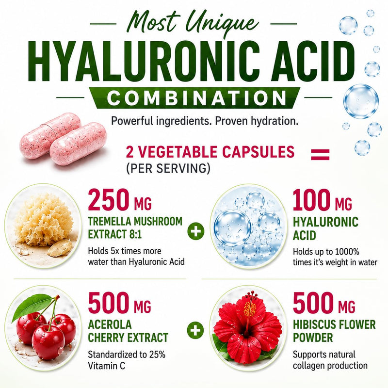 Natural Hyaluronic Acid Supplement 5X Stronger Hydration Pills from Pure Tremella Mushroom with Vitamin C & Hibiscus - Skin Supplement Anti Wrinkle Dietary Capsules - hair nails vitamins
