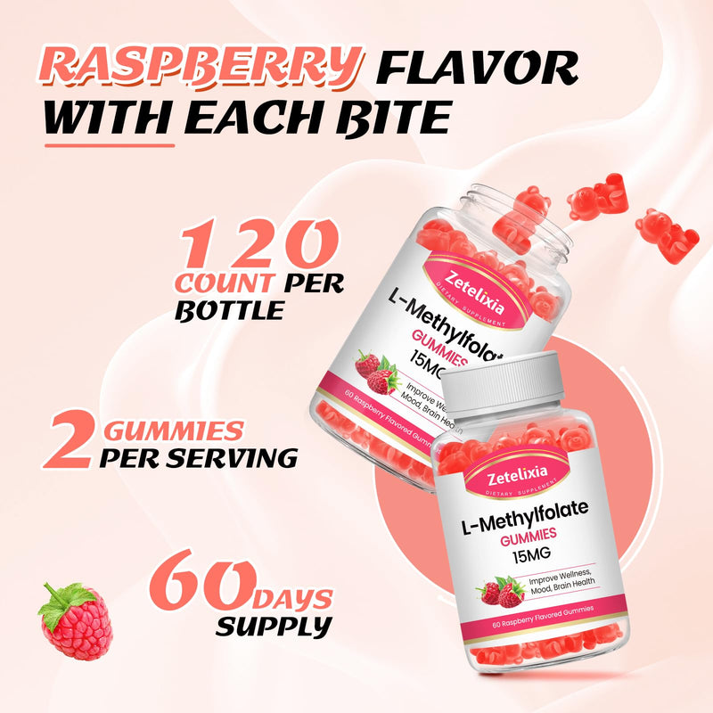 2 Pack L-Methylfolate 15mg & Methyl B12 Gummies, Folate Supplement for Brain Health, Mood & Immunity, DNA Synthesis & Repair, Sugar Free, Vegan, Raspberry Flavor, 120 Count 60 Count (Pack of 2)