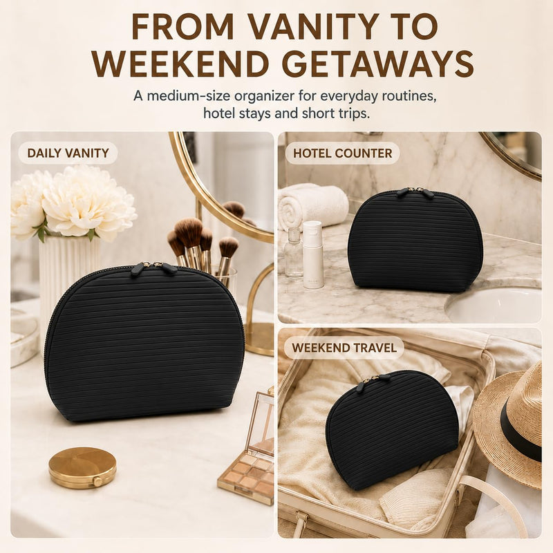 Standing Fold Down Parallel Travel Makeup Bag for Women, Cosmetic Organizer with Multi-Compartments, Stand Bag Organizes skincare, Makeup and Brushes (Premium Version, Black, Medium)