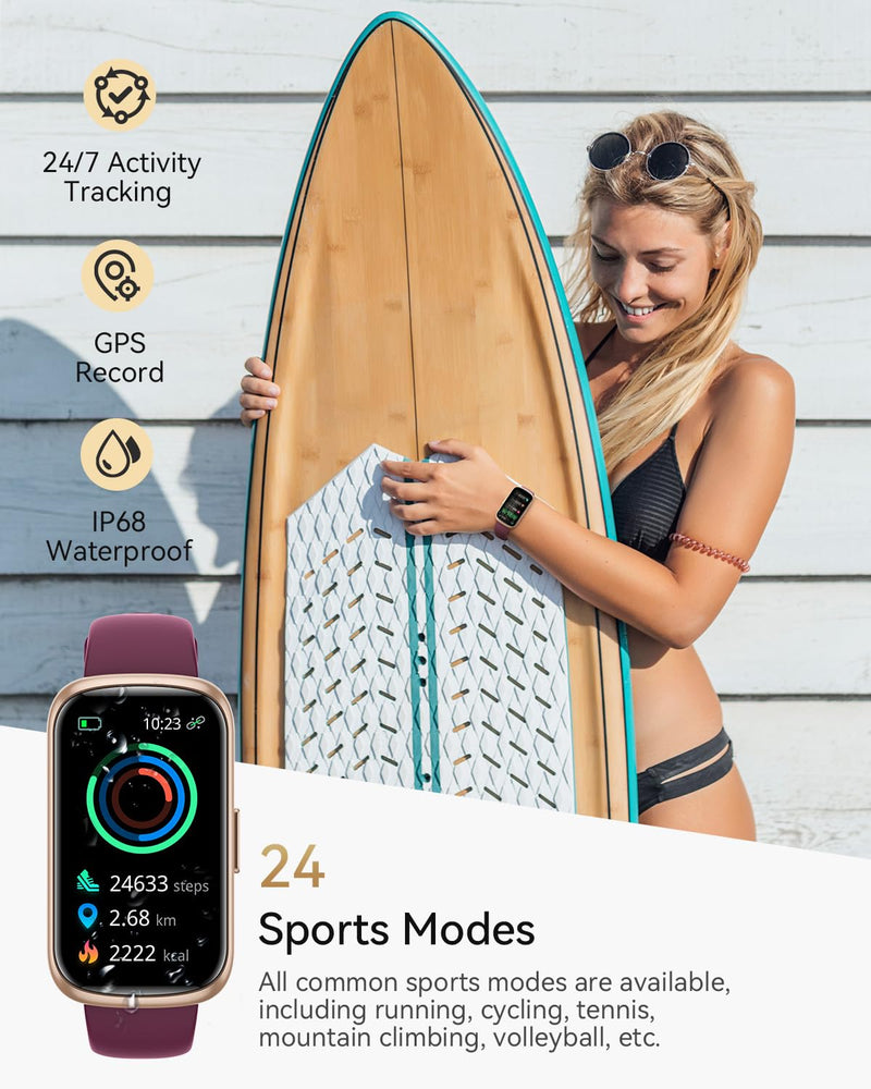 [Australia] - Fitness Tracker Watch, Smart Watches for Women with Heart Rate/Blood Oxygen/Sleep Monitor, 20+ Sports Modes Fitness Watches for Women/Men, Activity & Step Tracker Smart Watch for Android/iOS Phones Gold-Burgundy 