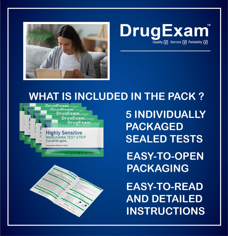 5 Pack - DrugExam Made in USA Highly Sensitive Marijuana THC Testing Drug Test Strip Kit - Drug Test with 50 ng/mL Cutoff Level for Detecting Any Form of THC in Urine up to 35 Days. Urine Test Strips