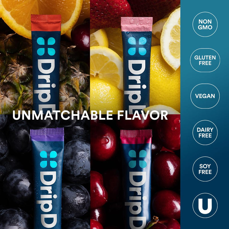 [Australia] - DripDrop Hydration Packets - Juicy Variety Pack - Single Serve Electrolytes Powder Drink Mix - Grape, Fruit Punch, Strawberry Lemonade, Cherry - Non-GMO, Gluten Free, Vegan - 16 Sticks 