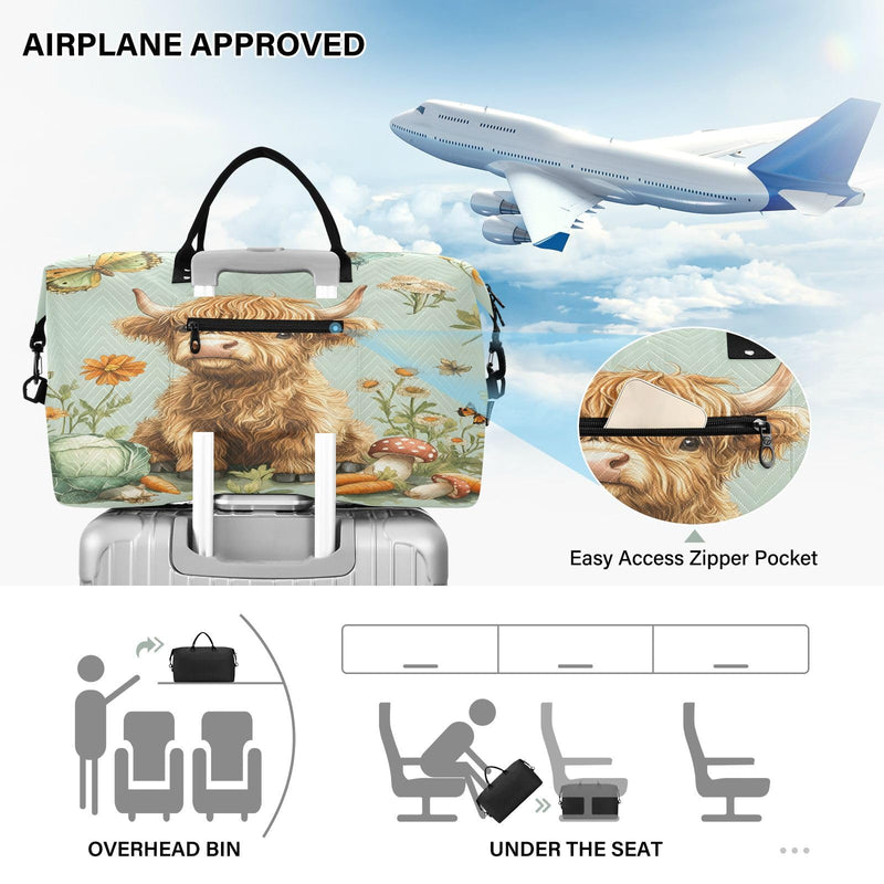 Cow Travel Gym Bag, Highland Cow Vegetables Weekender Overnight Duffle for Women with Toiletry Bag Travel Swim Cow 46