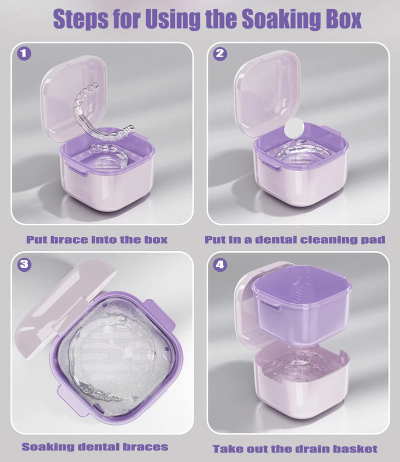 [Australia] - MURRI&MURRDI Retainer Case 2 Pack, Denture Case with Mirror, Denture Bath Box with Strainer Basket, Cute Denture Holder Storage Soak Container for Travel Cleaning, Braces Cleaner Kit (C Purple) C Purple 