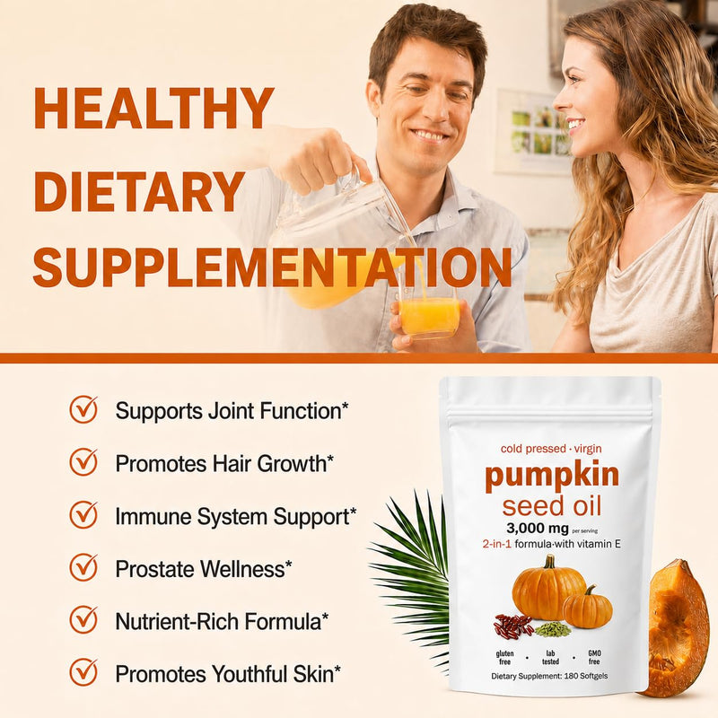 Pumpkin Seed Oil Capsules 3000mg per Serving | Cold Pressed Pumpkin Seed Oil with Linoleic & Oleic Acid, 180 Softgels | Non-GMO | Resealable Pouch