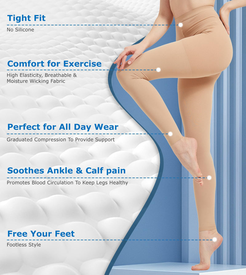 [Australia] - MGANG Medical Compression Pantyhose for Women & Men, Footless Waist High Compression Stockings Opaque, 15-20 mmHg Support Pantyhose, Firm Support Hose for Edema, Varicose Veins, Nursing, Beige L Large 15-20mmhg Beige Footless 