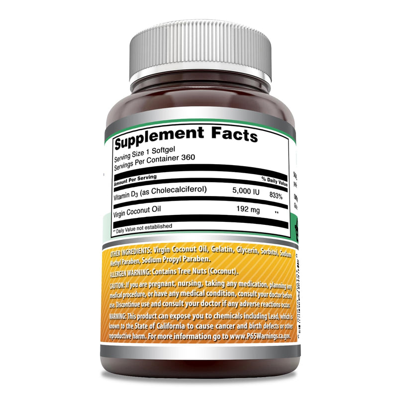 Amazing Formulas Vitamin D3 in Coconut Oil 5000 IU Supplement | Softgels | Non-GMO | Gluten-Free | Made in USA (1 Pack | 360 Count) Unflavored (360 Count)