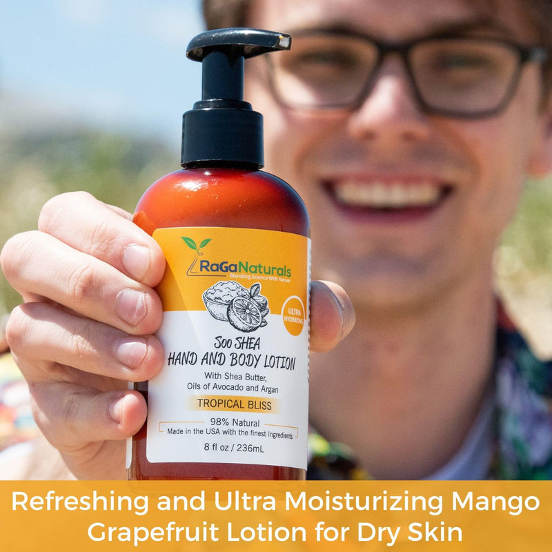 RaGaNaturals Shea Butter Lotion - for Extremely Dry Skin - Hand & Body Lotion - Hydrating Natural Non-Toxic Formula, Avocado Oil & Vitamin E - Women, Men, Kids & Baby - (Tropical Mango Scent) 8 Oz Tropical Bliss 8 Fl Oz (Pack of 1)
