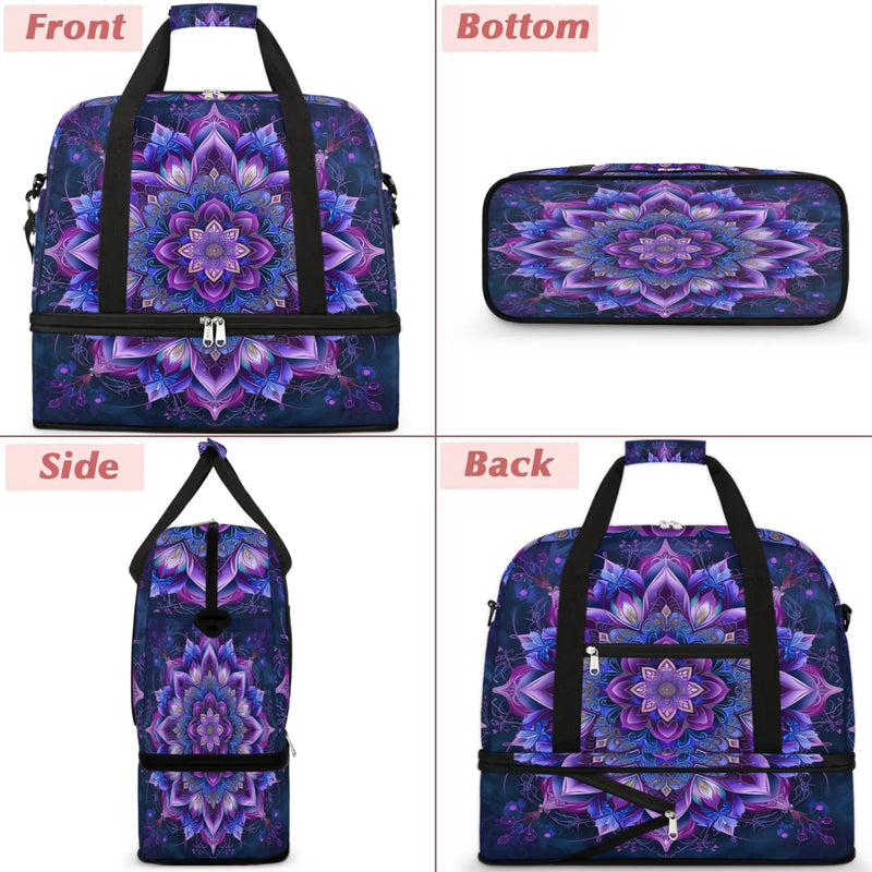 Travel Duffle Bags With Shoes Compartment for Women Men Purple Mandala Lightweigh Sports Tote Gym Bag Boho Flower Foldable Canvas Weekender Overnight Carry On Luggage Handle Bag B03:Purple Mandala