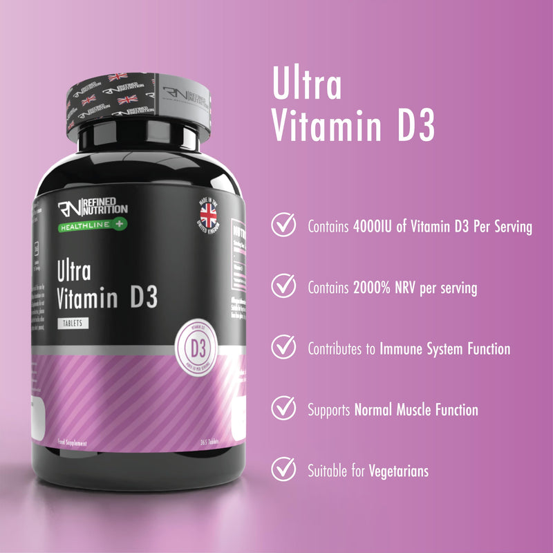 Refined Nutrition Ultra Vitamin D3 4000 IU | 365 Tablets for a 1 Year Supply | High Strength Supplement for Immune System & Muscle Function | Halal & Vegetarian | Made in UK