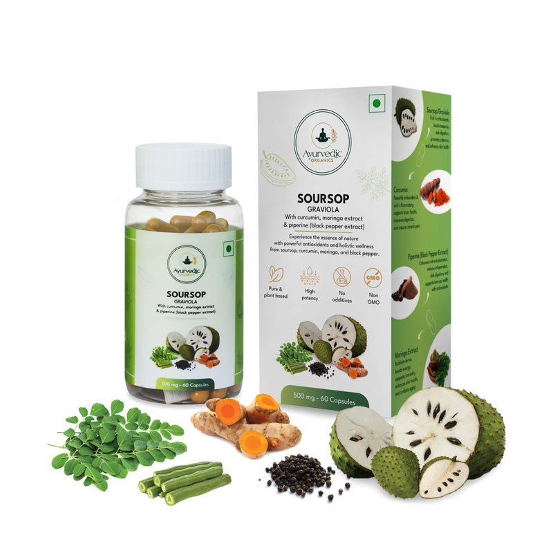 Soursop 500mg Capsules with Curcumin, Moringa & Black Pepper – 60 Graviola Capsules | High in Vitamic C and Flavonoids, Antioxidant Plant Based Herbal Supplement for Immune Support